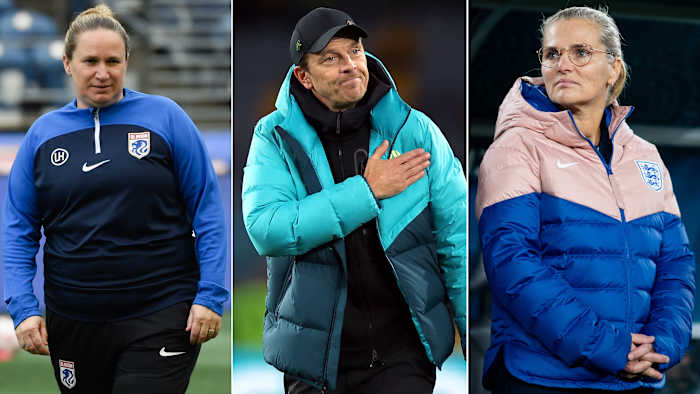 A split image of OL Reign coach Laura Harvey, Australia's head coach Tony Gustavsson and England's manager Sarina Wiegman.